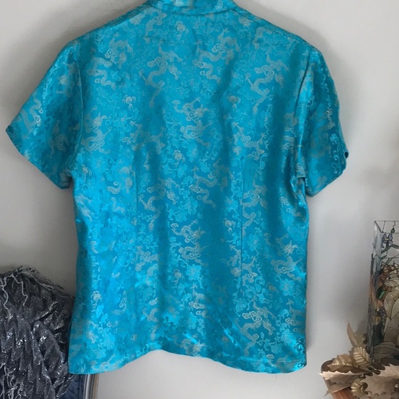 Turquoise blue and gold Chinese Style blouse. - Picture 2 of 4